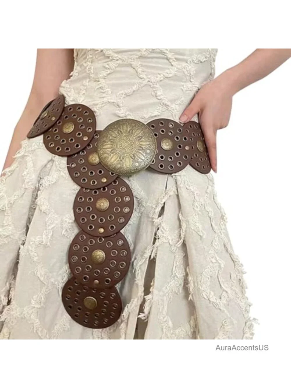 Vintage PU Leather Western Disc Concho Belt Wide Cowgirl Belt